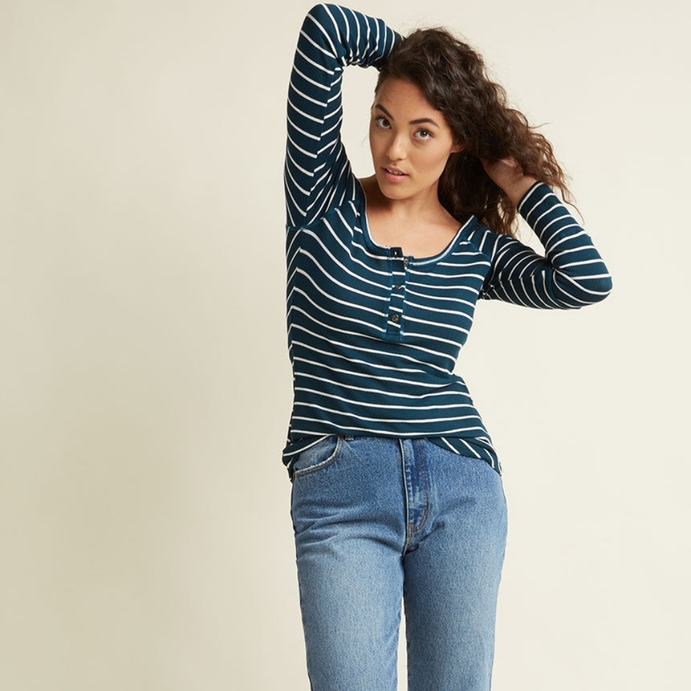 Modcloth Teal Stripe Waffle Knit Henly